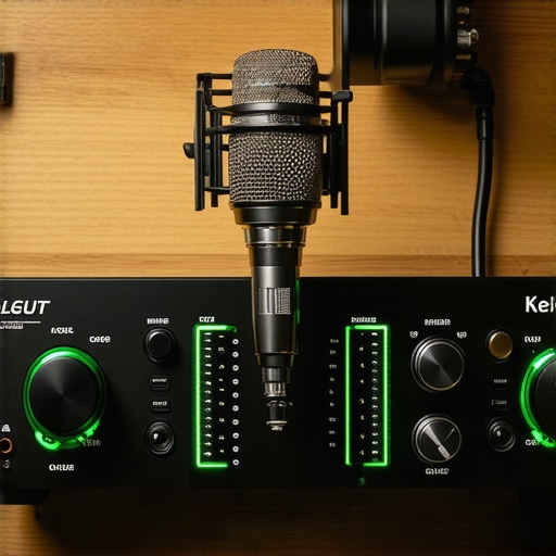 Professional Audio Interface and Microphone Setup A close-up of a budget-friendly but high-quality audio interface and microphone on a creator's desk.