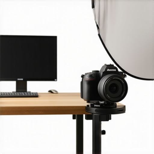 Professional C-Stand Camera Mount Setup A professional C-stand providing independent camera stability next to a creator's desk.