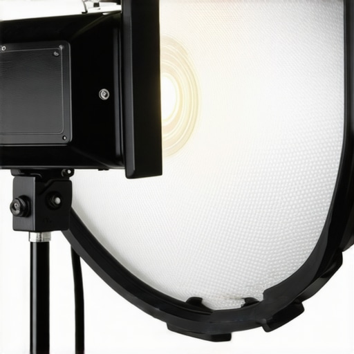 Close-up of a professional studio light showing cooling vents and modifier attachment.