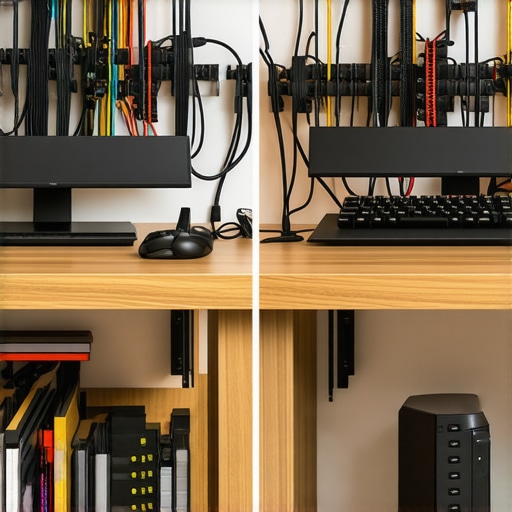 Comparison of professional steel cable management tray and budget wire mesh tray under a studio desk.
