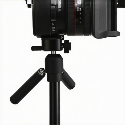 Professional Camera Desk Mount Stress Test Side view of a sturdy metal camera desk mount holding a heavy DSLR lens without sagging.