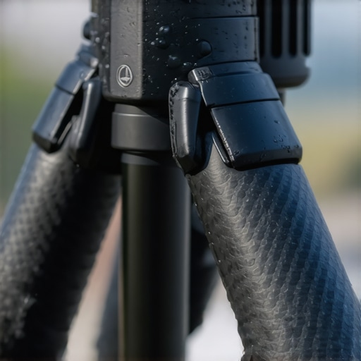 Professional Carbon Fiber Tripod Leg Lock Details Close-up of a Gitzo G-lock Ultra twist lock on a carbon fiber tripod leg with sea spray.