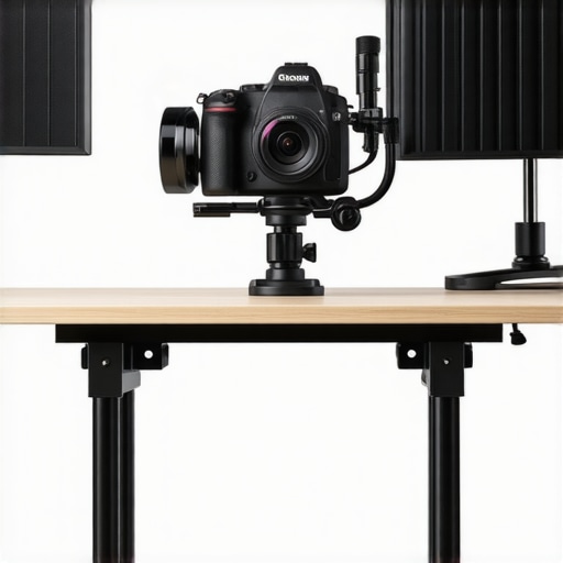 Professional Creator Rig Stress Test A heavy-duty camera and lighting rig mounted on a studio desk showing various professional components.