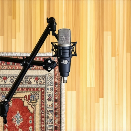 A professional studio microphone on a boom arm positioned over a rug to prevent hardwood floor echoes.