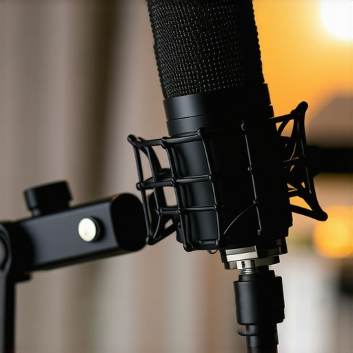 Professional Dynamic Microphone Build Quality Close-up of a high-end dynamic microphone on a boom arm showing its metal construction and internal mounting.