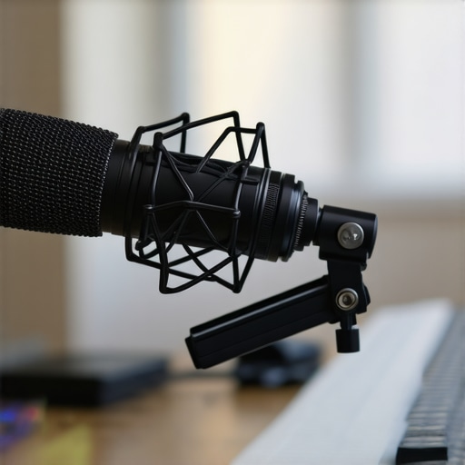 A heavy-duty microphone mounted on a boom arm to reduce keyboard noise.