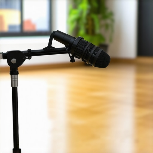 A Shure SM7B microphone mounted on a sturdy boom arm over a reflective hardwood floor.