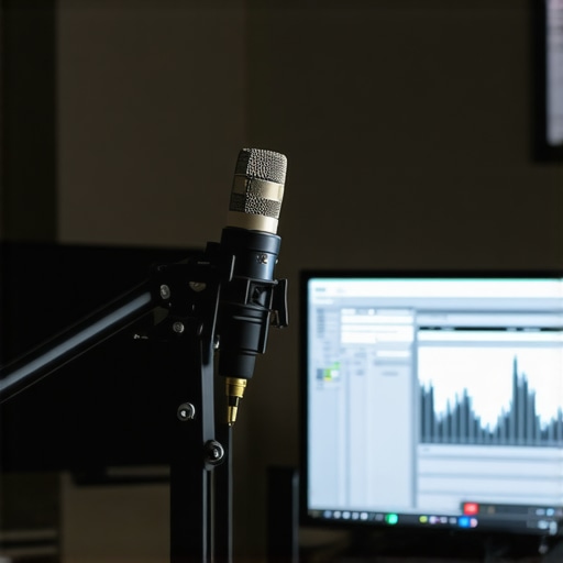 Professional Dynamic Microphone Setup Close-up of a high-end dynamic microphone on a boom arm in a creator studio environment.