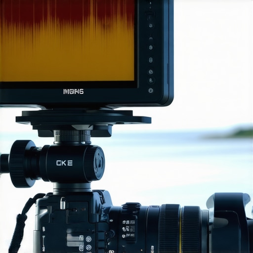 Professional Field Monitor UI and Waveforms Close-up of a high-brightness field monitor showing video waveforms and color-graded footage on a camera rig.