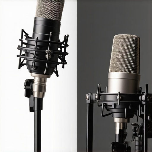 A high-end XLR microphone compared to a standard USB microphone on a desk.