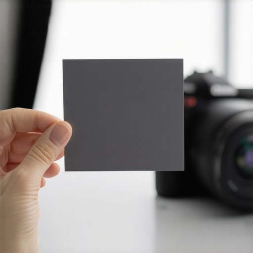 Professional Gray Card for Manual White Balance Calibration A hand holding an 18% gray card in front of a camera for color calibration in a studio.
