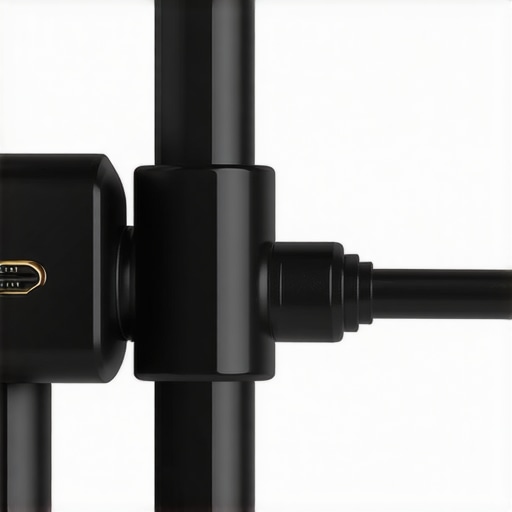 Professional HDMI Cable Clamp Stress Test Close-up of a machined aluminum cable clamp protecting an HDMI port on a professional camera rig.