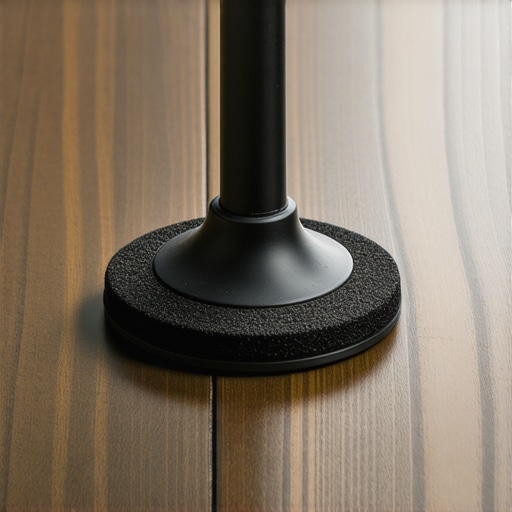 A close-up view of a weighted cast-iron microphone stand base on a desk showing its sturdy construction.