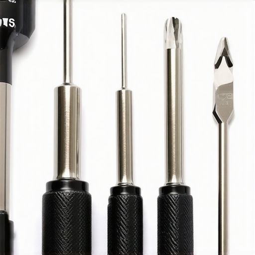 Professional JIS Screwdriver Set for Camera Maintenance Close-up of JIS precision screwdrivers and a camera lens mount on a technician's workbench.