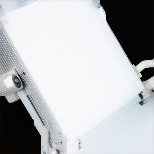 Close-up of a professional LED panel with aluminum heat sinks for thermal management.