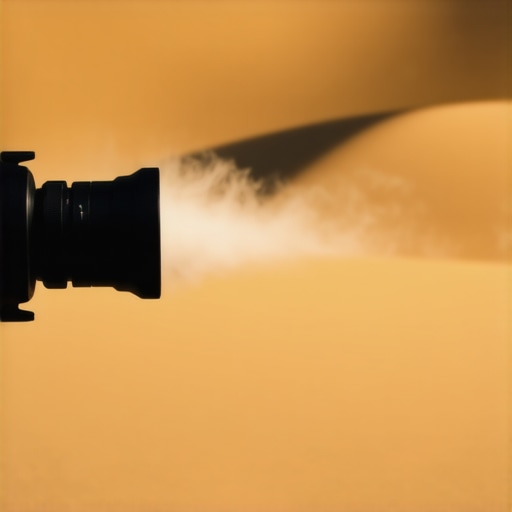 A photographer using a silicone rocket blower to remove dust from a camera lens in a harsh outdoor environment.