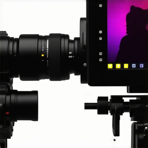 Close-up of a cinema camera rig with follow-focus and field monitor for manual focus control.