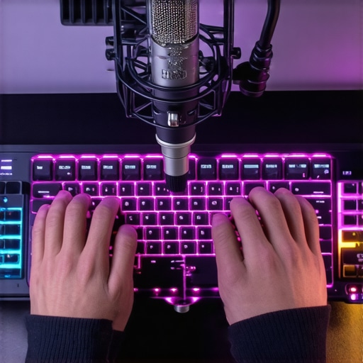 A professional dynamic microphone positioned to isolate voice from mechanical keyboard noise in a creator rig.