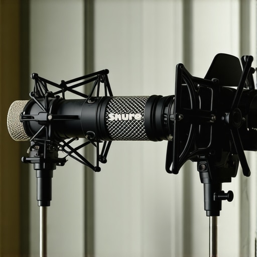 Professional Microphones in a Basement Studio Setup Shure SM7B and Electro-Voice RE20 microphones mounted on boom arms in an unfinished basement studio.