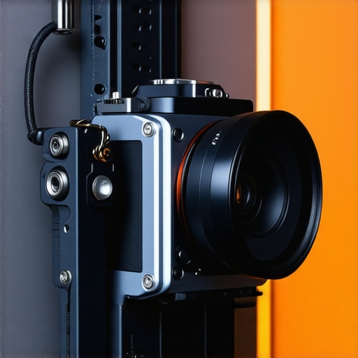 Professional Mirrorless Camera Rig with External Power and Cooling A detailed view of a mirrorless camera in a metal cage with external power cables and cooling fan attached.