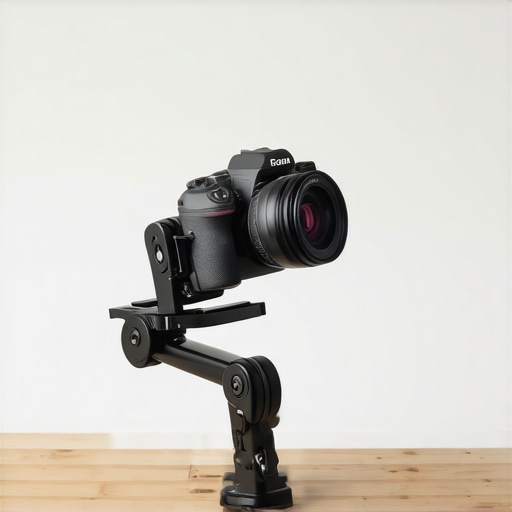 Professional Modular Desk Rig Detail A close-up view of a heavy-duty steel desk mount holding a professional camera and studio gear.