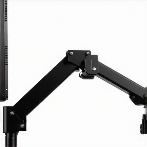 Close-up of a heavy-duty monitor arm showing the mechanical tension adjustment and VESA plate connection.