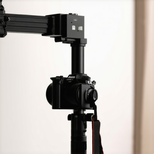 Professional Mounting Hardware in a Small Studio Close-up of an all-metal friction arm and camera mount attached to a wall rail system in a compact studio.
