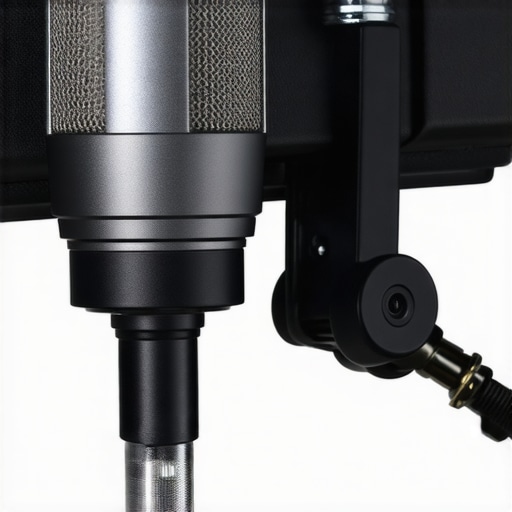 Close-up of a durable metal shotgun microphone mounted on a camera rig for professional audio recording.