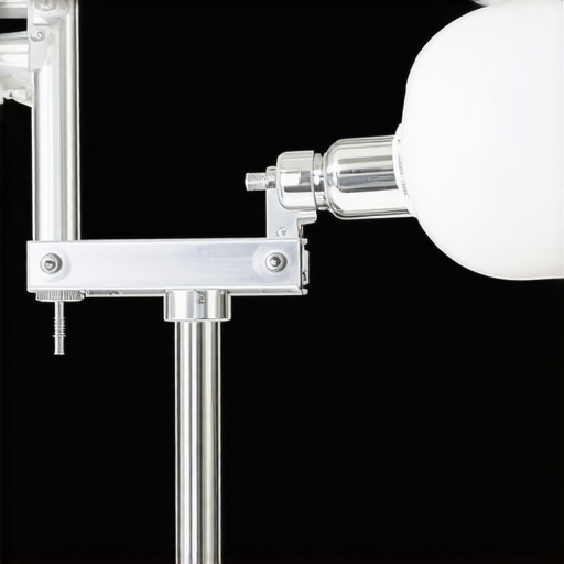 Professional Steel C-Stand Grip Head Mechanism A heavy-duty chrome-plated steel C-stand grip head securing an extension arm in a professional studio setting