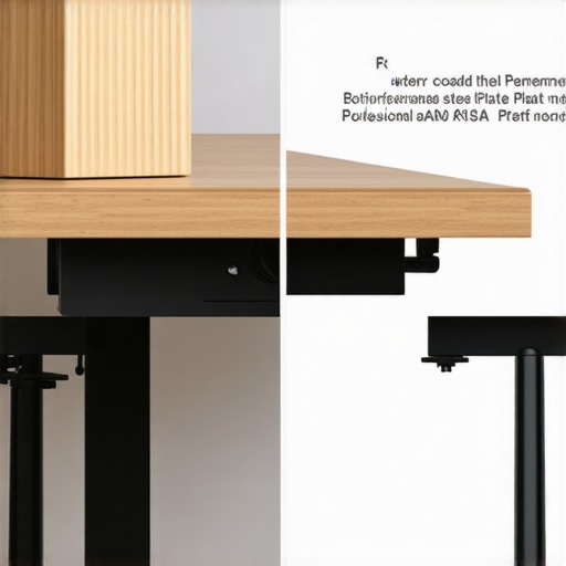 Comparison of a metal desk reinforcement plate and a scrap wood block for monitor arm stability.