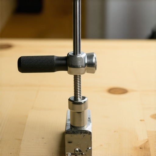 Close-up detail of a steel C-stand clamp showing the V-groove jaws and handle mechanism.