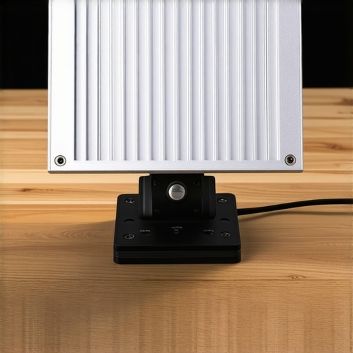 Close-up of an aluminum LED light panel with a metal heatsink and heavy-duty desk clamp.