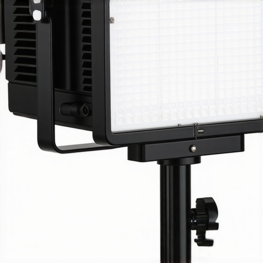 Close-up of a high-quality aluminum studio light and C-stand showing professional build details.