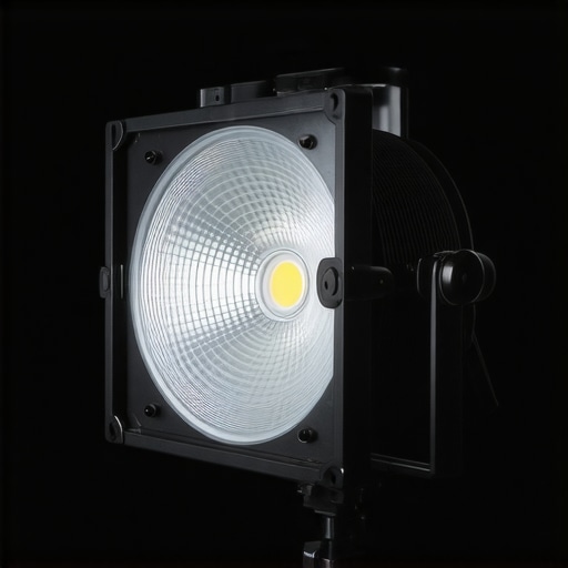Detailed view of a high-end LED COB light head showing the aluminum construction and mounting yoke.