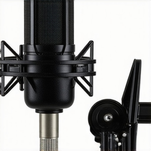 Professional Studio Microphone Shock Mount Close-up detail of a heavy-duty microphone shock mount highlighting its industrial elastic suspension system.
