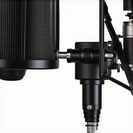 Close-up of a high-end microphone shock mount and boom arm joint.
