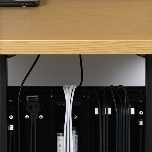 A deep steel cable tray holding heavy power bricks under a wooden studio desk.