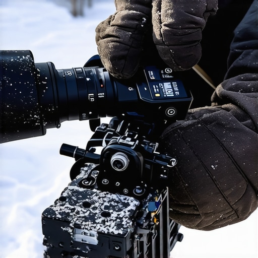 Professional V-mount battery rig for cold weather External V-mount battery system mounted on a camera rig for extreme cold weather filming