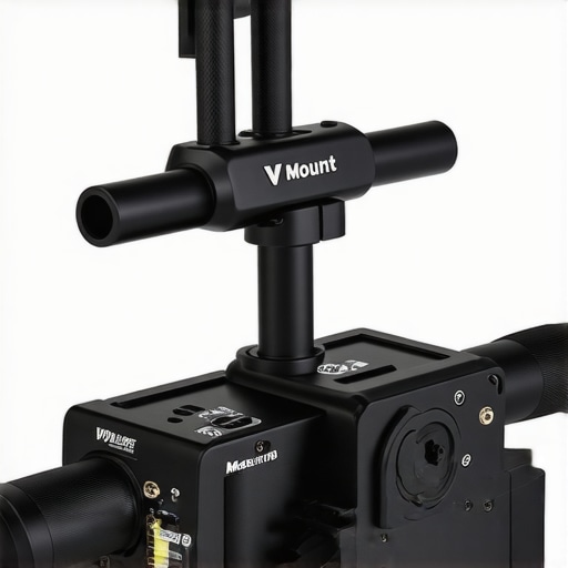 Detailed view of a V-mount battery plate on a professional camera rig with cable management.