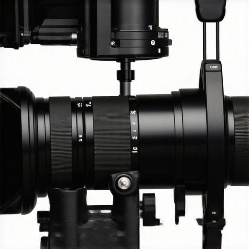 Detailed view of a vertical camera rig on a gimbal with microphone and side-plate configuration.
