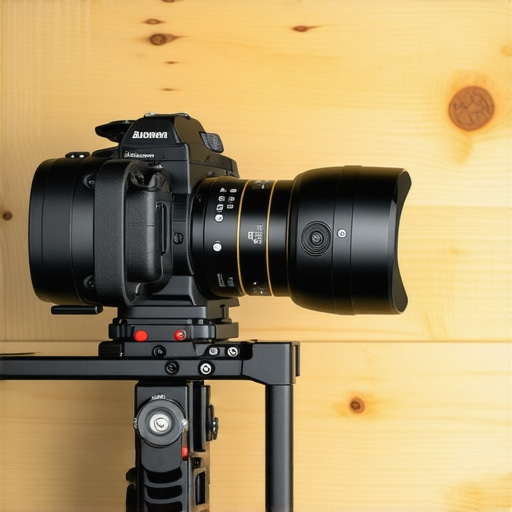 A heavy-duty steel wall mount supporting a professional cinema camera and monitor rig in a studio environment.
