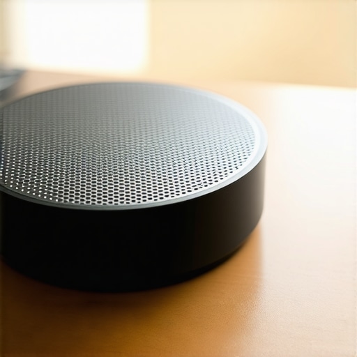Close-up of a heavy duty matte black weighted microphone base on a wooden desk.