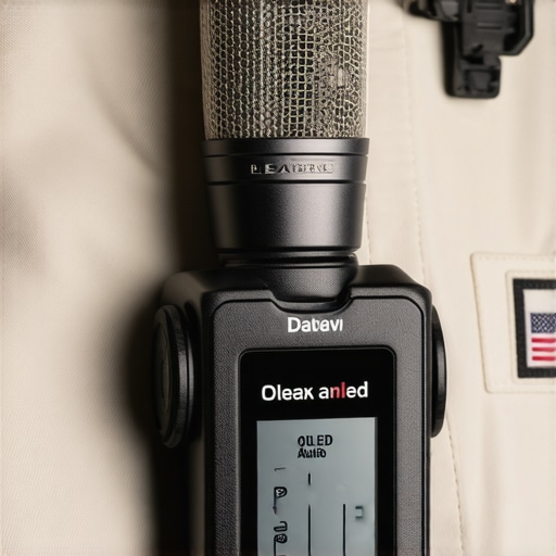 Close-up of a high-quality wireless mic transmitter with a metal clip and visible audio level display.