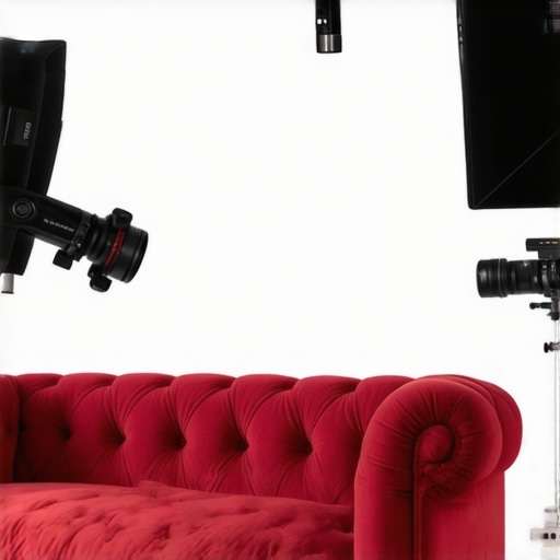 Professional studio setup with integrated soft furniture for acoustic treatment A velvet sofa positioned in a studio with camera rigs and lighting kits to show real-world usage.