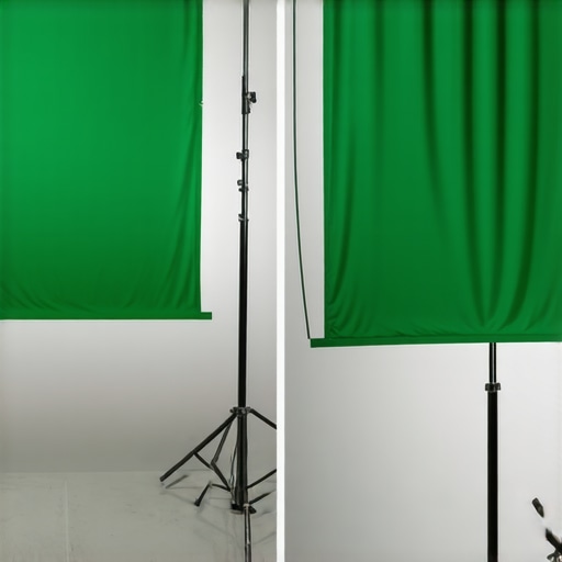 A comparison showing the difference between a high-end tensioned green screen and a cheap wrinkled cloth backdrop for video production.