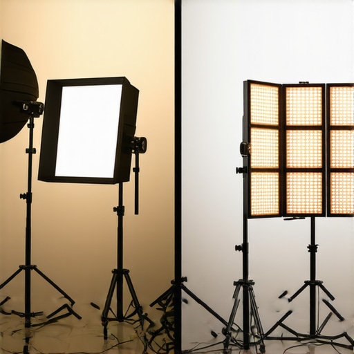 A side-by-side view comparing large-scale studio lighting gear with a compact creator rig for home use.