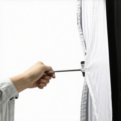 A close-up of a studio light softbox quick-release mechanism being assembled.