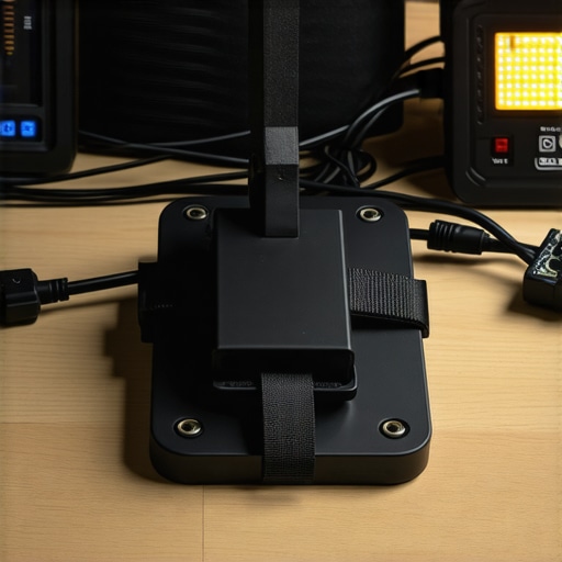 Real-world cable management and heat sinks in a small studio A power brick and tangled cables attached to a light stand in a cramped home studio.
