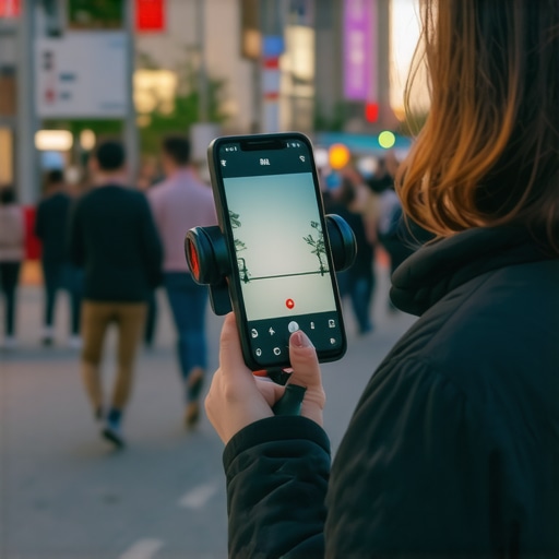 A person holding a smartphone video rig with accessories in a crowded street at night.