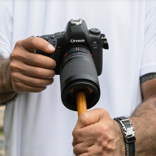 Close-up of a person using a plunger as a camera stabilizer against their chest